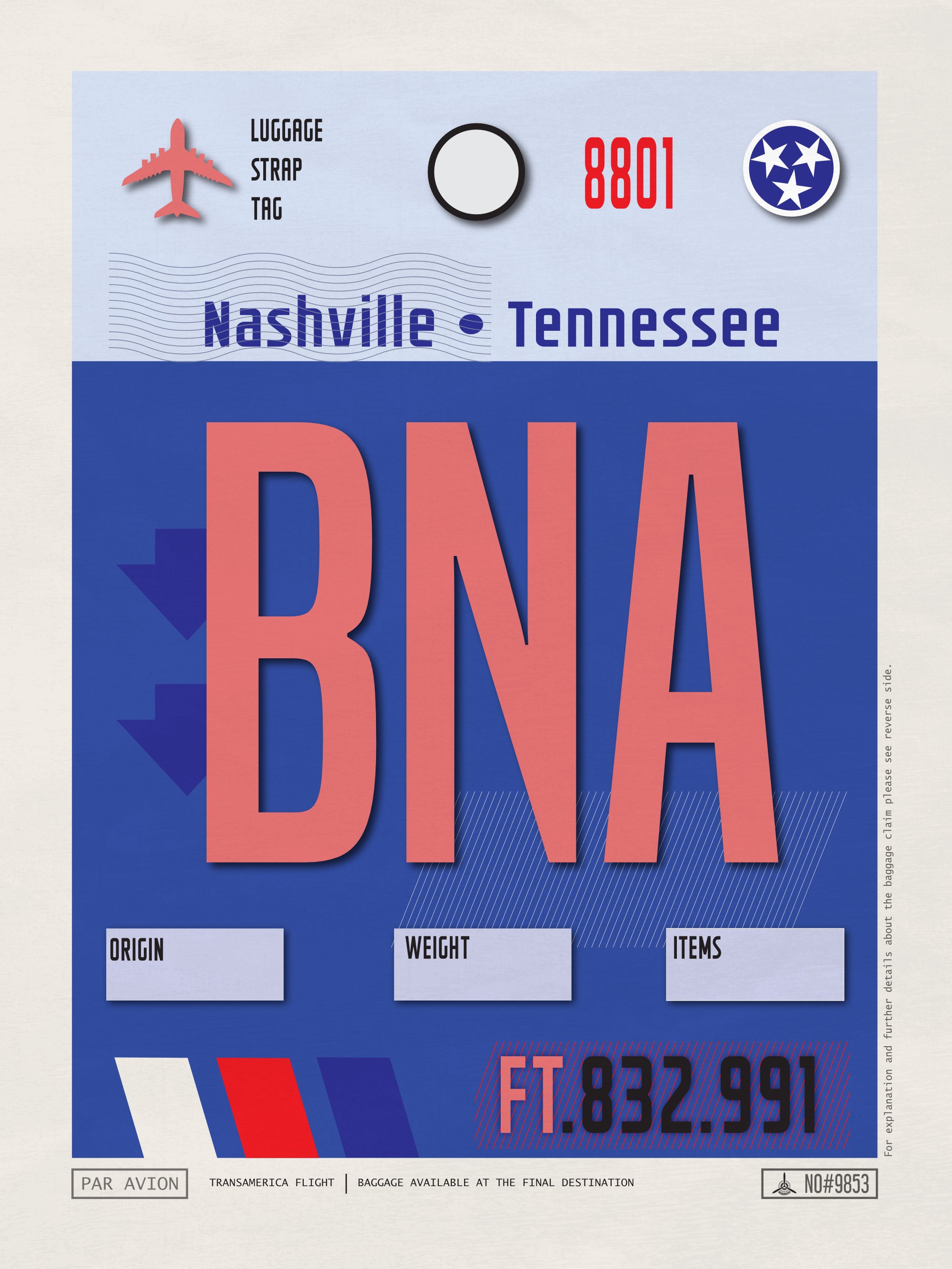 Nashville, Tennessee USA - BNA Airport Code Poster