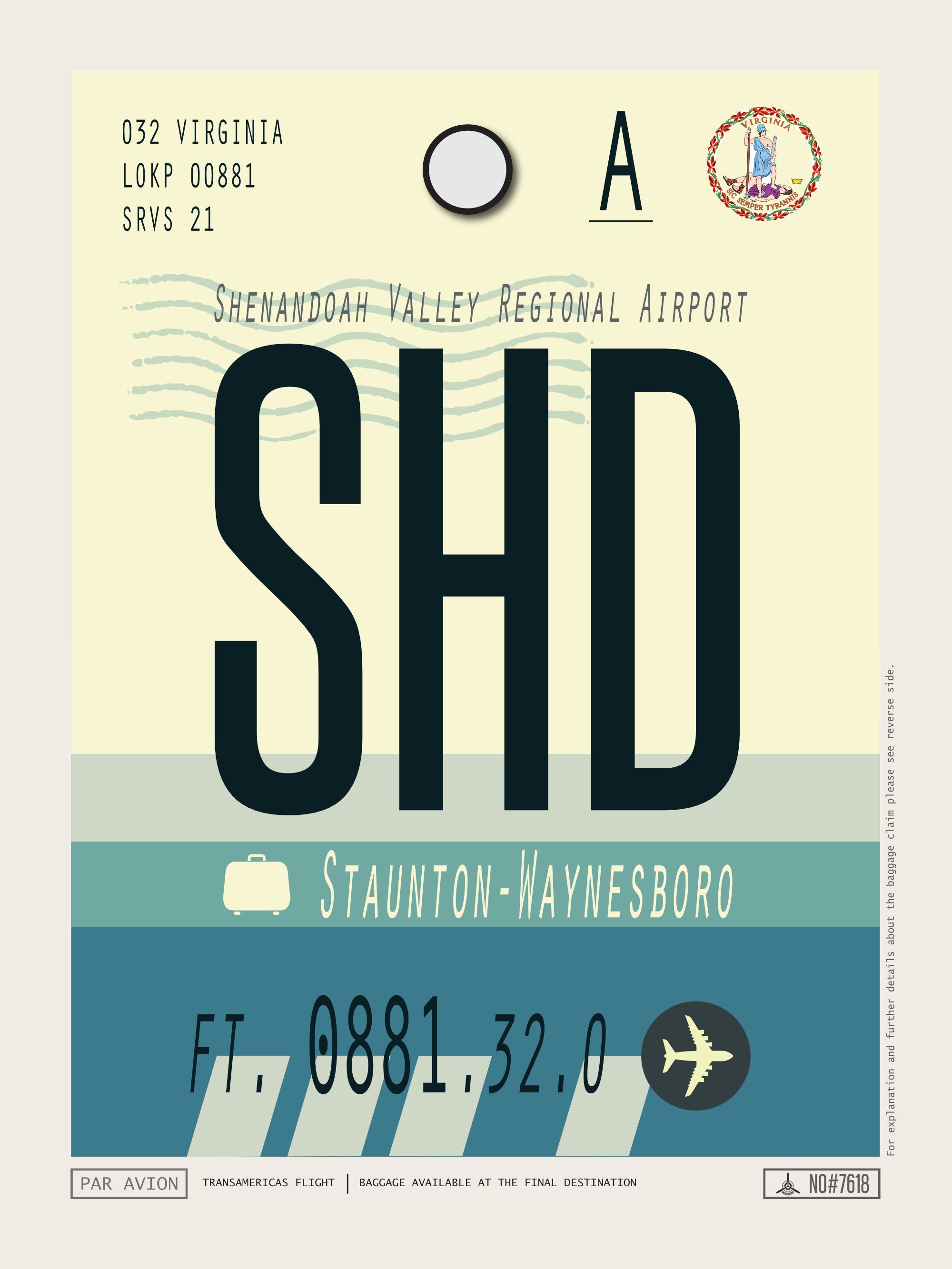 Staunton, Virginia - SHD Airport Code Poster