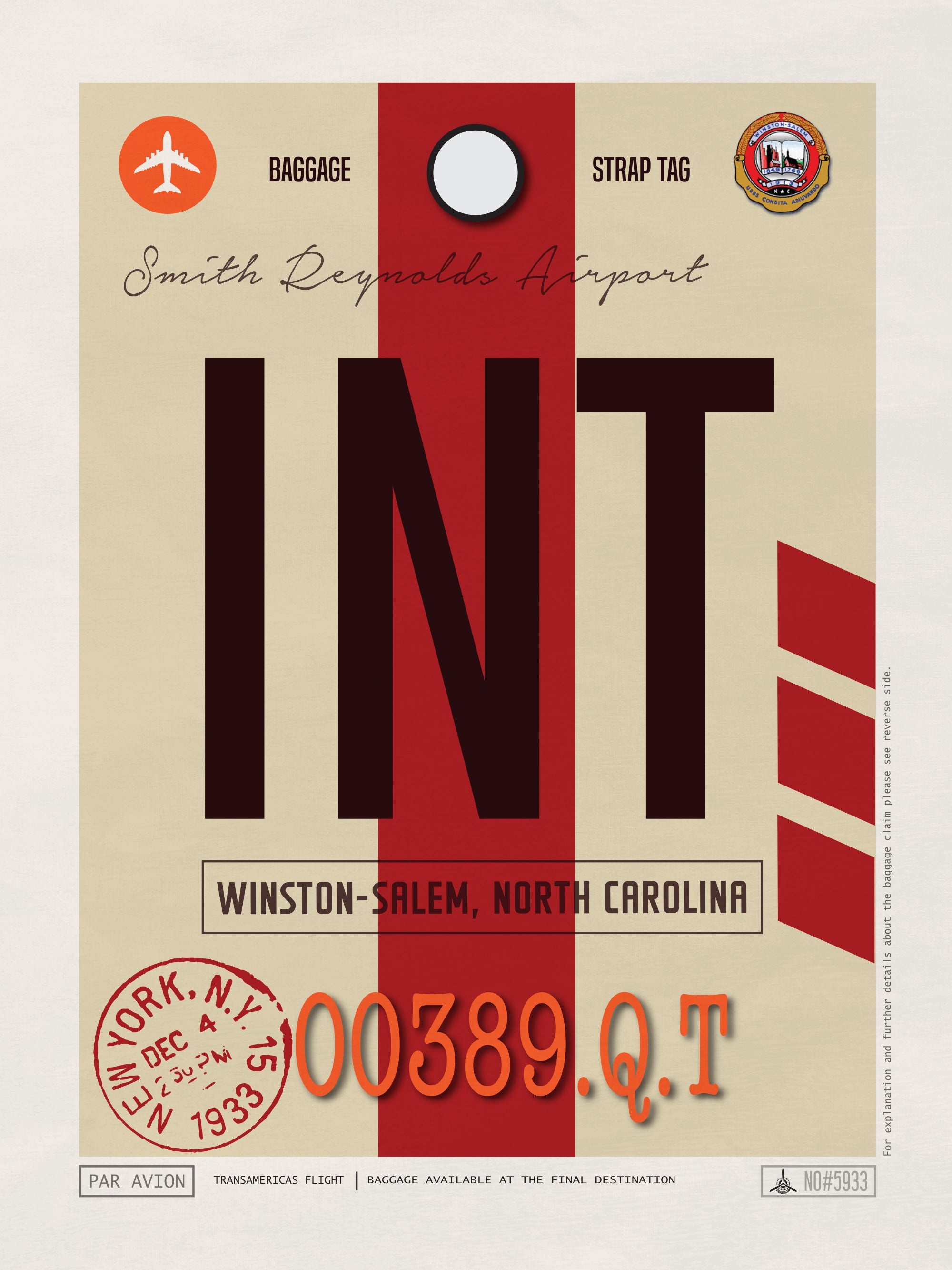 Winston, North Carolina USA - INT Airport Code Poster